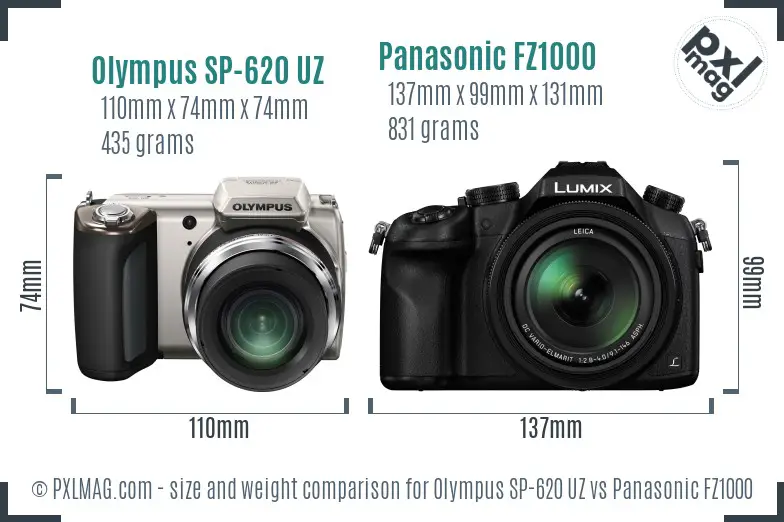 Olympus SP-620 UZ vs Panasonic FZ1000 size comparison