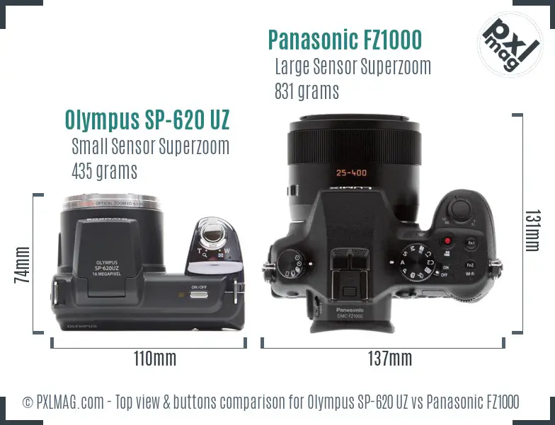 Olympus SP-620 UZ vs Panasonic FZ1000 top view buttons comparison