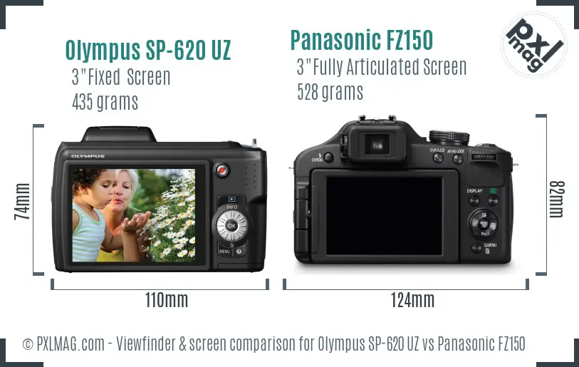 Olympus SP-620 UZ vs Panasonic FZ150 Screen and Viewfinder comparison