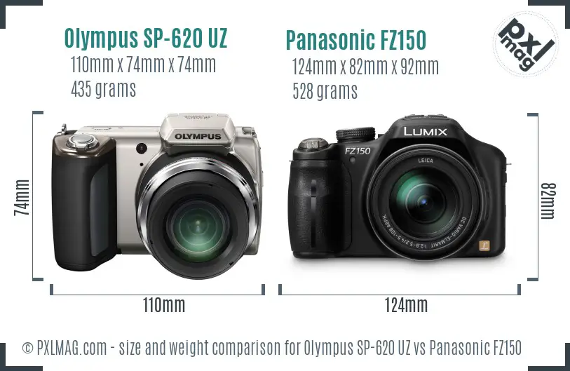 Olympus SP-620 UZ vs Panasonic FZ150 size comparison