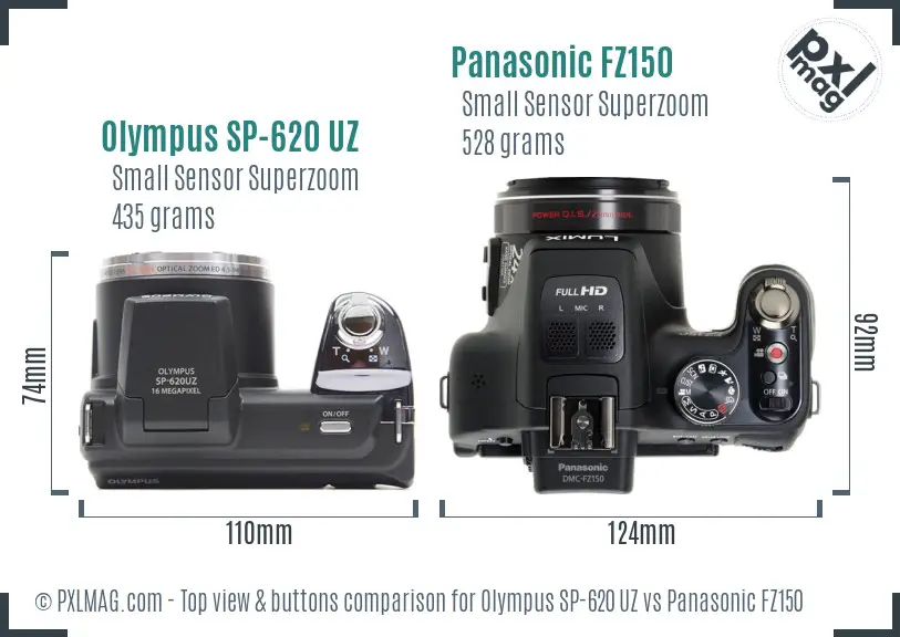 Olympus SP-620 UZ vs Panasonic FZ150 top view buttons comparison