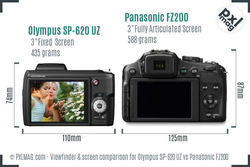 Olympus SP-620 UZ vs Panasonic FZ200 Screen and Viewfinder comparison