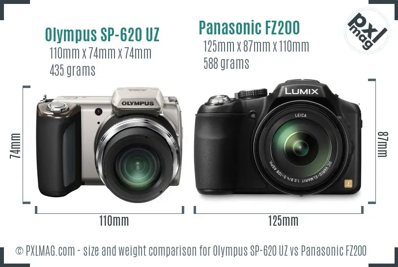 Olympus SP-620 UZ vs Panasonic FZ200 size comparison