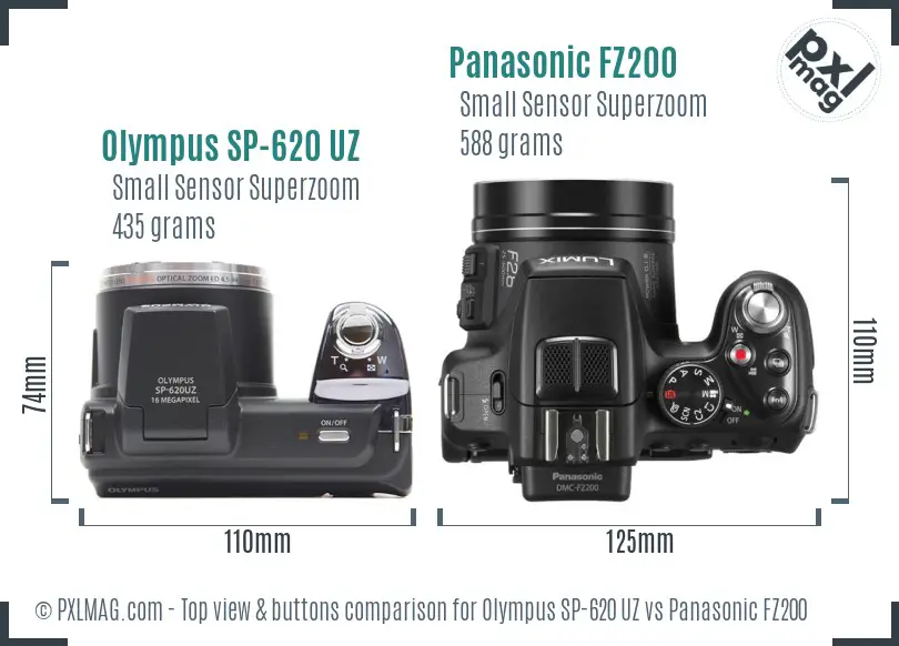 Olympus SP-620 UZ vs Panasonic FZ200 top view buttons comparison