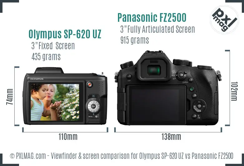 Olympus SP-620 UZ vs Panasonic FZ2500 Screen and Viewfinder comparison