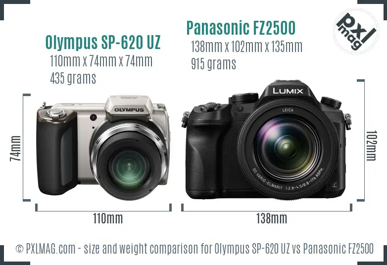 Olympus SP-620 UZ vs Panasonic FZ2500 size comparison
