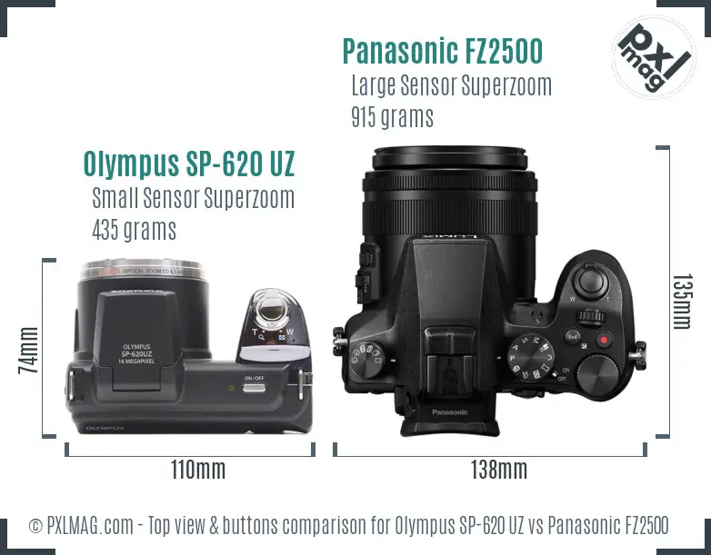 Olympus SP-620 UZ vs Panasonic FZ2500 top view buttons comparison