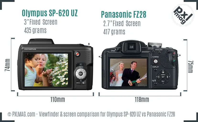 Olympus SP-620 UZ vs Panasonic FZ28 Screen and Viewfinder comparison
