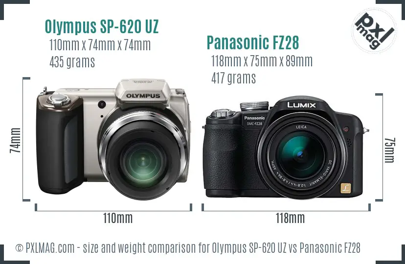 Olympus SP-620 UZ vs Panasonic FZ28 size comparison