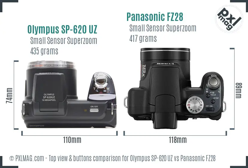 Olympus SP-620 UZ vs Panasonic FZ28 top view buttons comparison