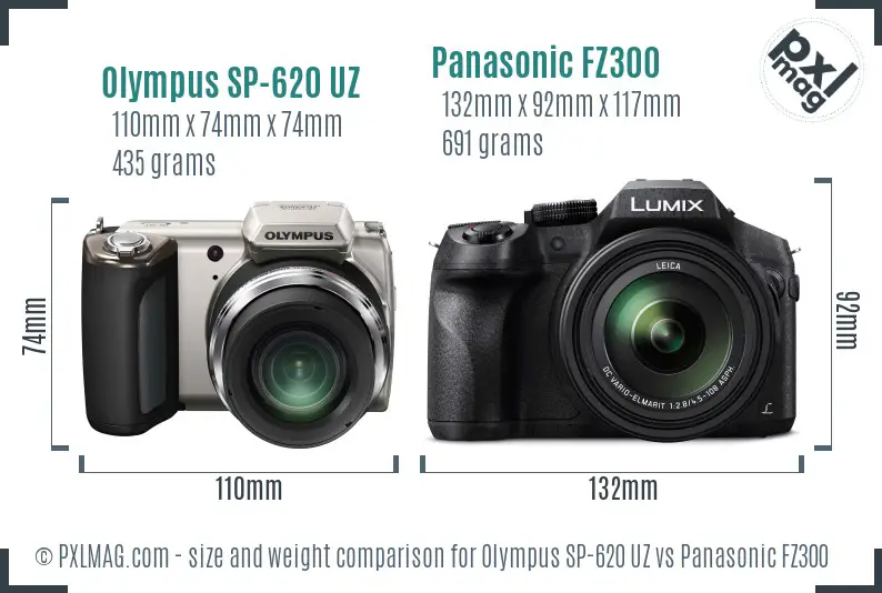 Olympus SP-620 UZ vs Panasonic FZ300 size comparison