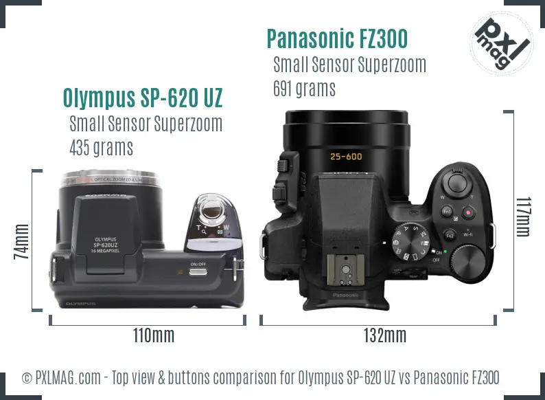 Olympus SP-620 UZ vs Panasonic FZ300 top view buttons comparison