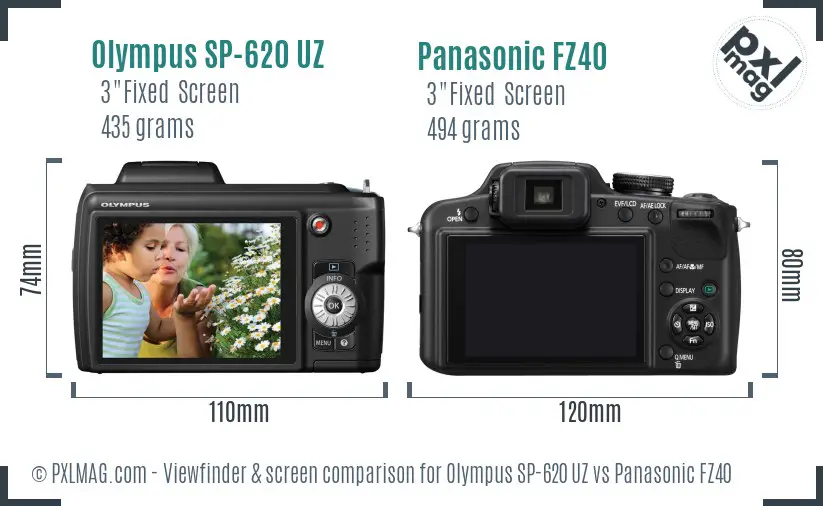 Olympus SP-620 UZ vs Panasonic FZ40 Screen and Viewfinder comparison