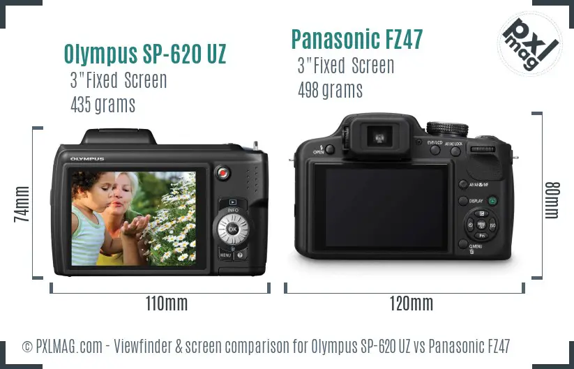 Olympus SP-620 UZ vs Panasonic FZ47 Screen and Viewfinder comparison
