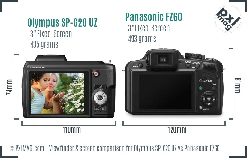 Olympus SP-620 UZ vs Panasonic FZ60 Screen and Viewfinder comparison