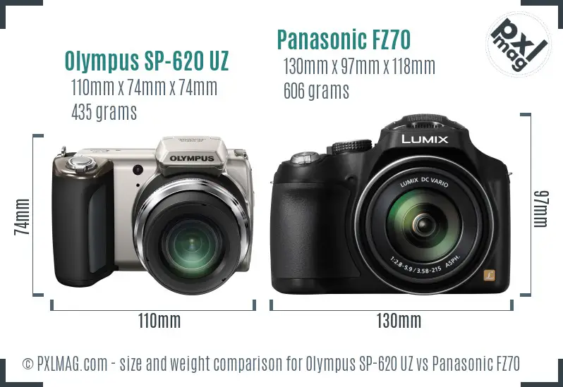 Olympus SP-620 UZ vs Panasonic FZ70 size comparison