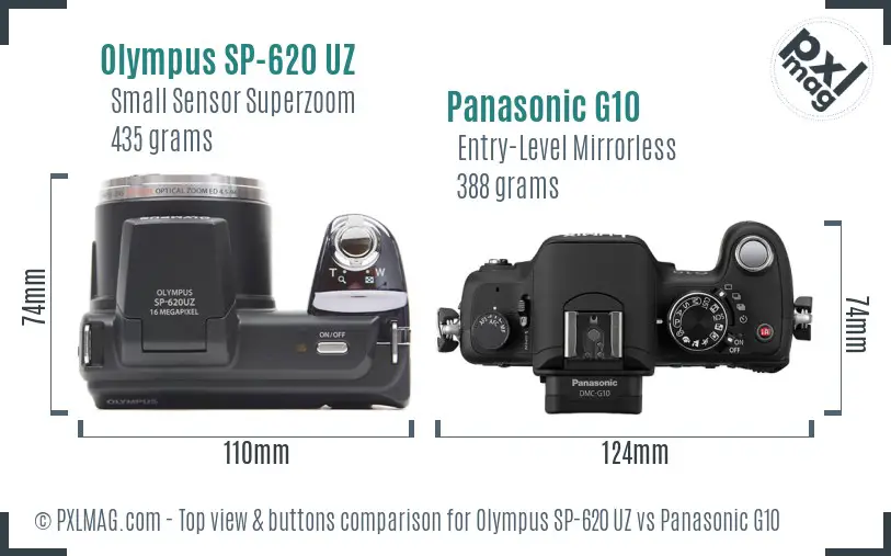 Olympus SP-620 UZ vs Panasonic G10 top view buttons comparison