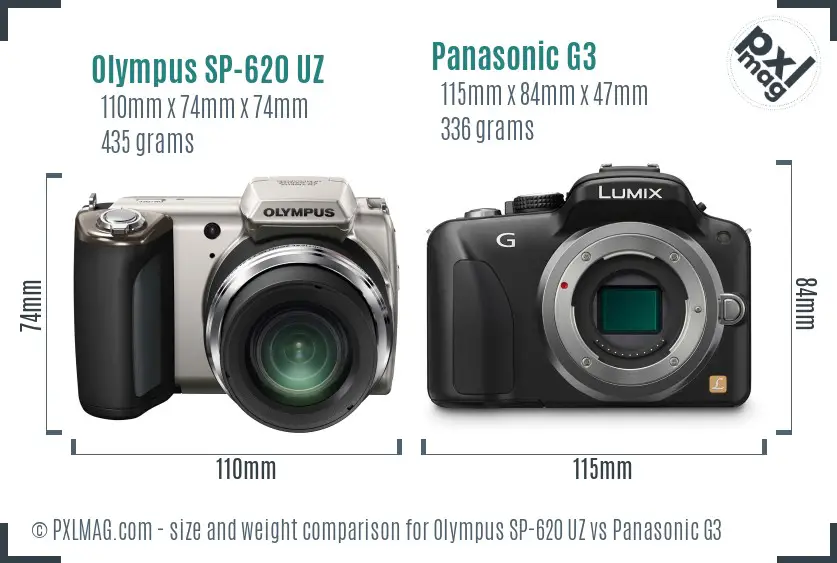 Olympus SP-620 UZ vs Panasonic G3 size comparison