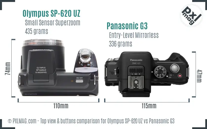 Olympus SP-620 UZ vs Panasonic G3 top view buttons comparison