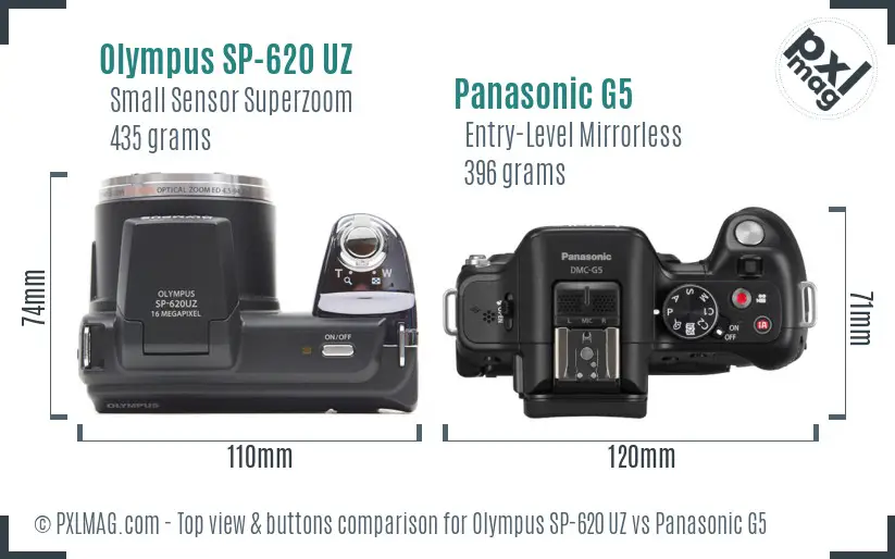 Olympus SP-620 UZ vs Panasonic G5 top view buttons comparison