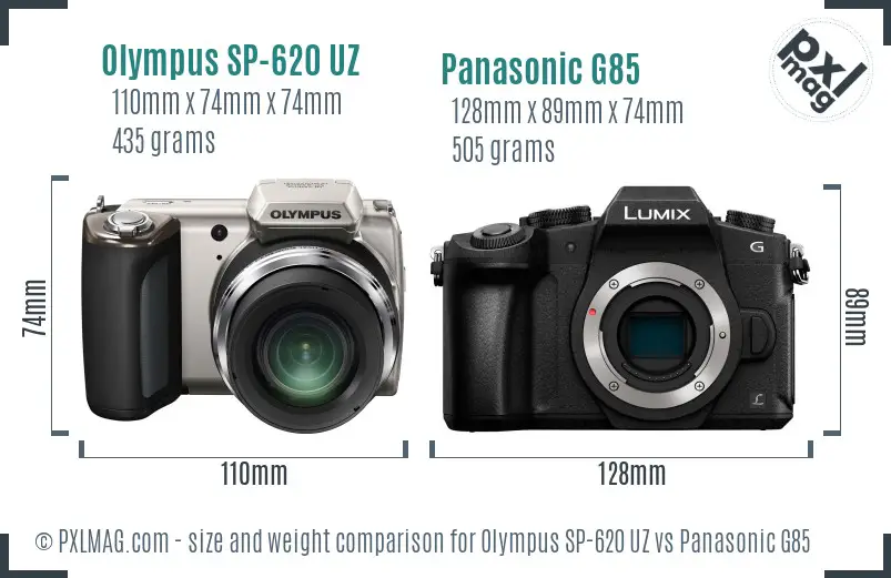 Olympus SP-620 UZ vs Panasonic G85 size comparison