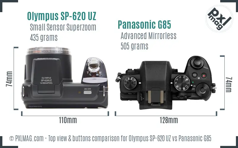 Olympus SP-620 UZ vs Panasonic G85 top view buttons comparison