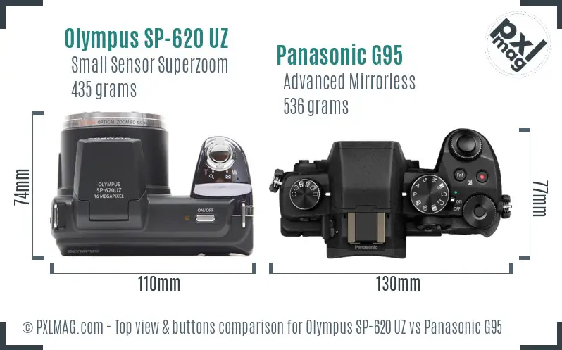 Olympus SP-620 UZ vs Panasonic G95 top view buttons comparison