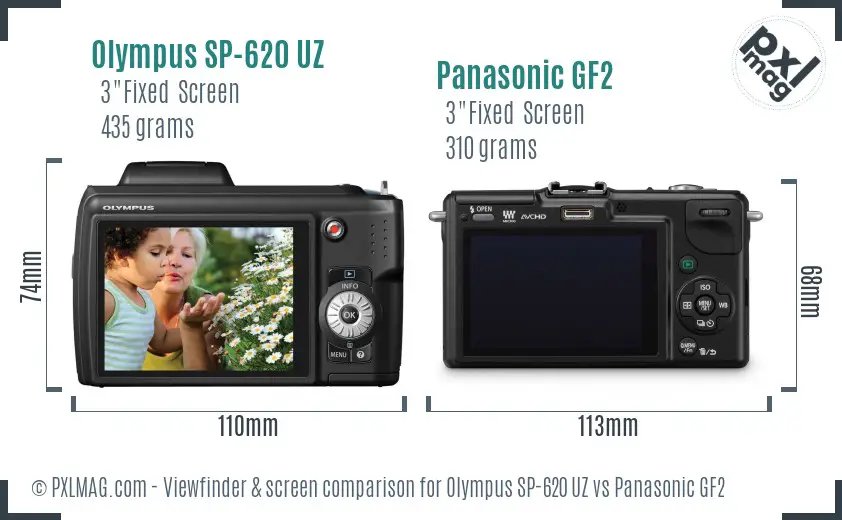 Olympus SP-620 UZ vs Panasonic GF2 Screen and Viewfinder comparison