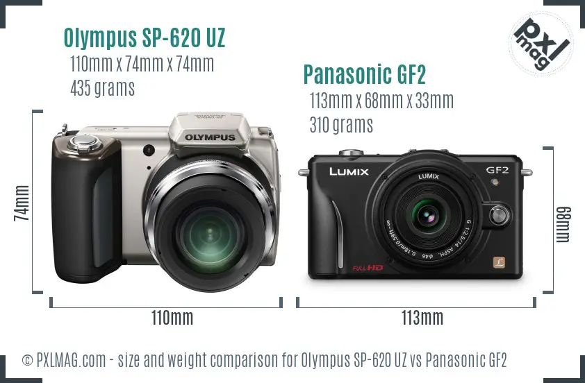 Olympus SP-620 UZ vs Panasonic GF2 size comparison