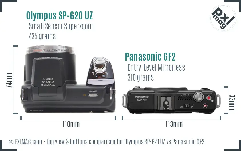 Olympus SP-620 UZ vs Panasonic GF2 top view buttons comparison