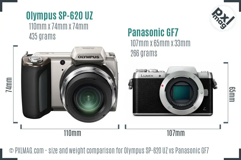 Olympus SP-620 UZ vs Panasonic GF7 size comparison