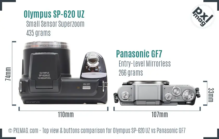 Olympus SP-620 UZ vs Panasonic GF7 top view buttons comparison