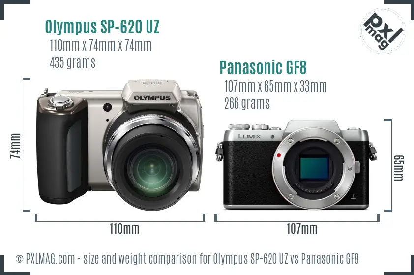 Olympus SP-620 UZ vs Panasonic GF8 size comparison