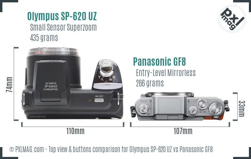 Olympus SP-620 UZ vs Panasonic GF8 top view buttons comparison