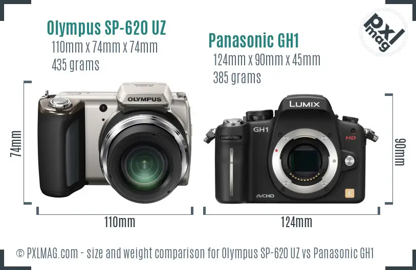 Olympus SP-620 UZ vs Panasonic GH1 size comparison