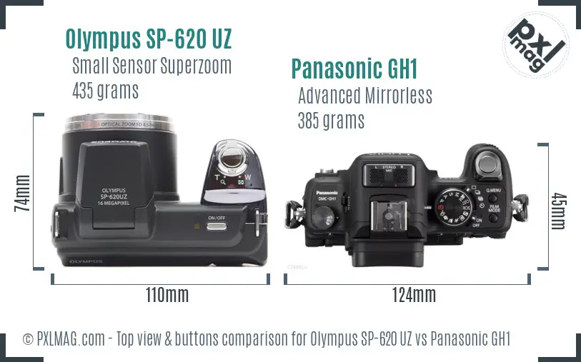 Olympus SP-620 UZ vs Panasonic GH1 top view buttons comparison