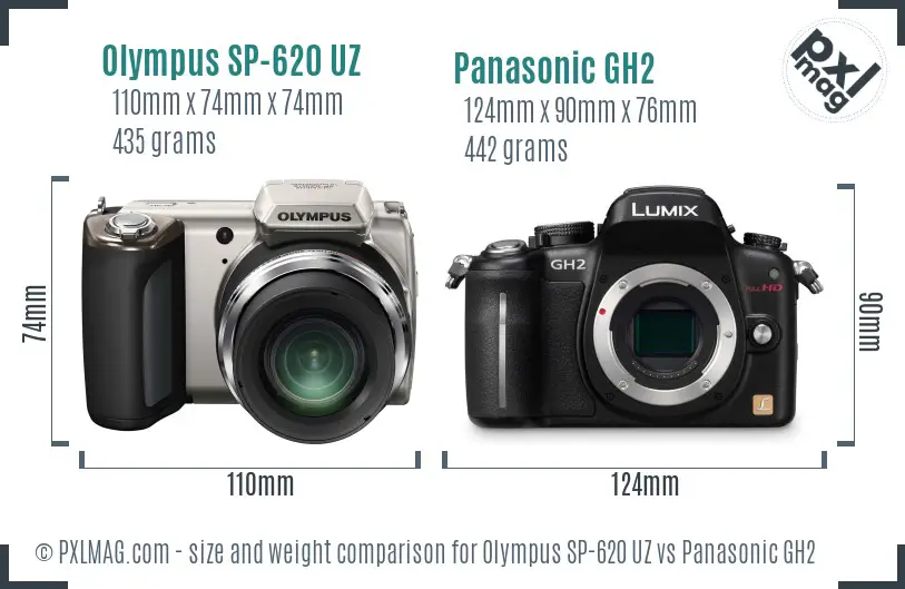 Olympus SP-620 UZ vs Panasonic GH2 size comparison