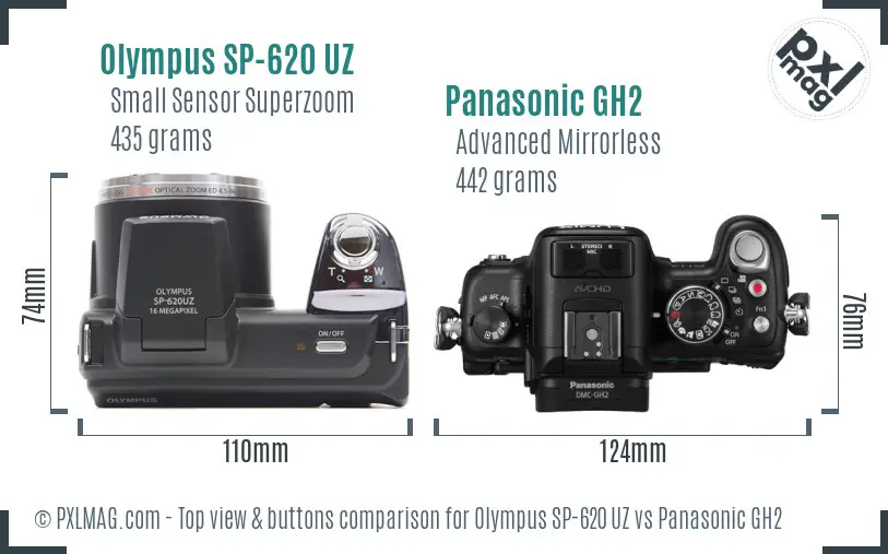 Olympus SP-620 UZ vs Panasonic GH2 top view buttons comparison