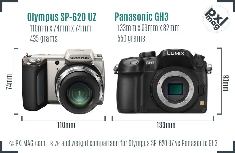 Olympus SP-620 UZ vs Panasonic GH3 size comparison