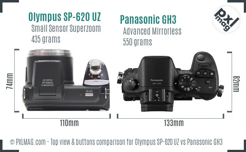 Olympus SP-620 UZ vs Panasonic GH3 top view buttons comparison