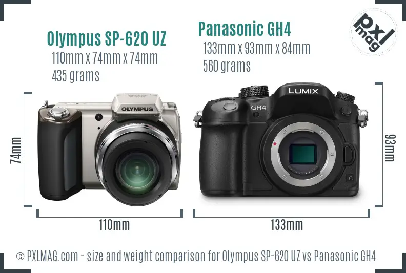 Olympus SP-620 UZ vs Panasonic GH4 size comparison