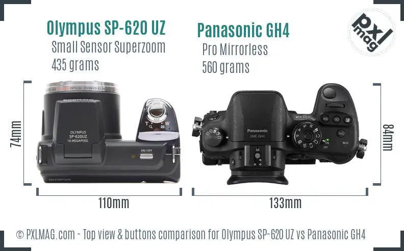 Olympus SP-620 UZ vs Panasonic GH4 top view buttons comparison