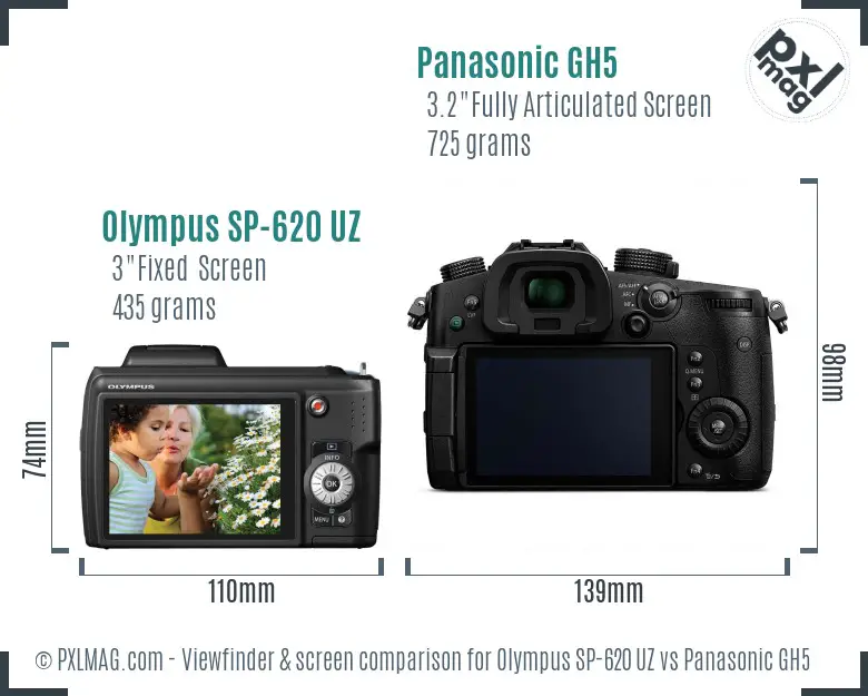 Olympus SP-620 UZ vs Panasonic GH5 Screen and Viewfinder comparison