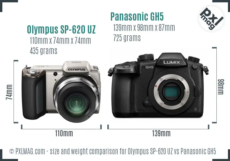 Olympus SP-620 UZ vs Panasonic GH5 size comparison