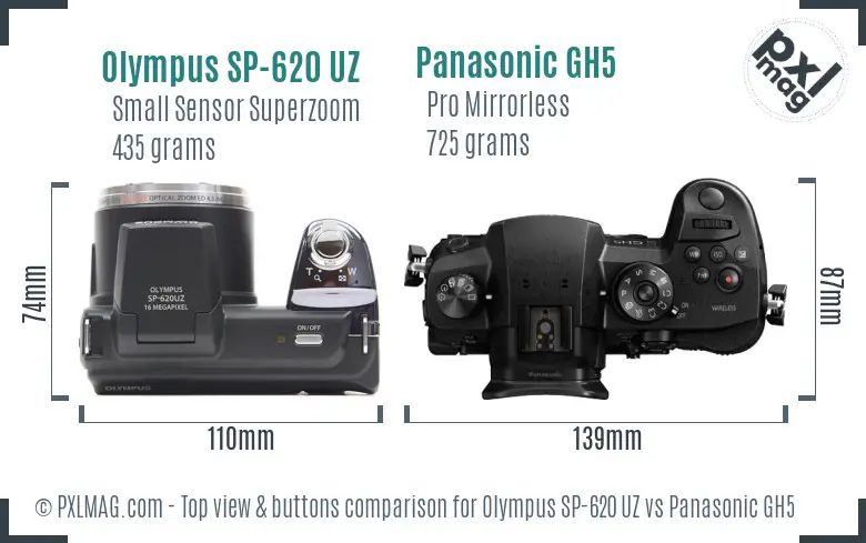Olympus SP-620 UZ vs Panasonic GH5 top view buttons comparison