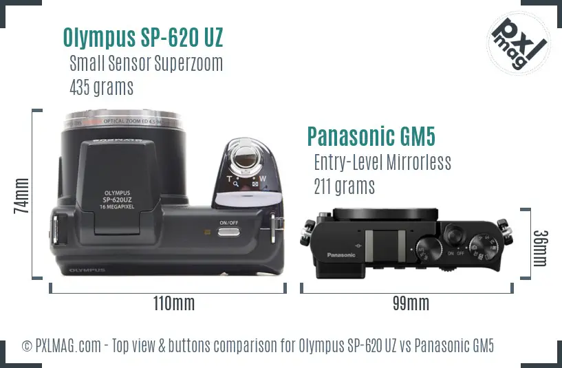 Olympus SP-620 UZ vs Panasonic GM5 top view buttons comparison