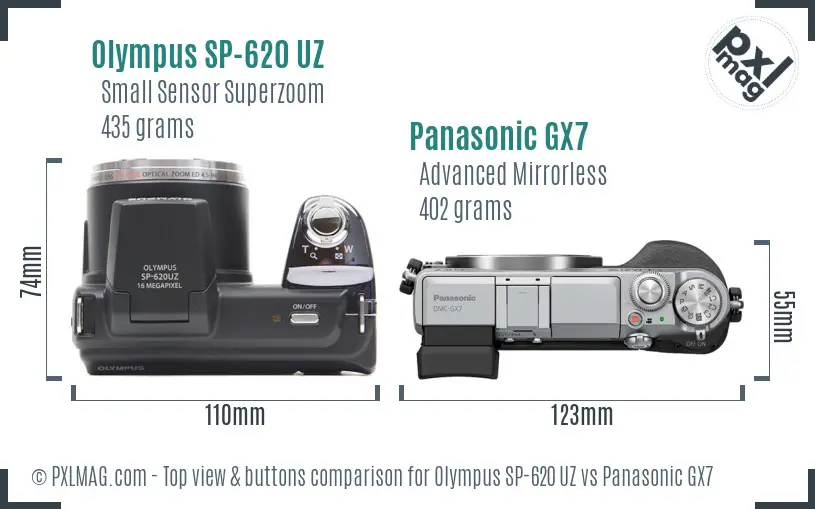Olympus SP-620 UZ vs Panasonic GX7 top view buttons comparison