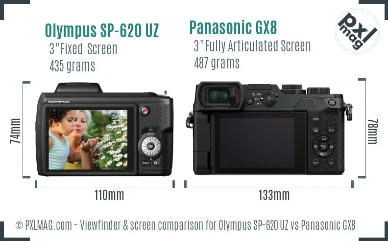 Olympus SP-620 UZ vs Panasonic GX8 Screen and Viewfinder comparison