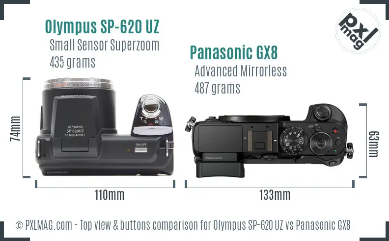 Olympus SP-620 UZ vs Panasonic GX8 top view buttons comparison