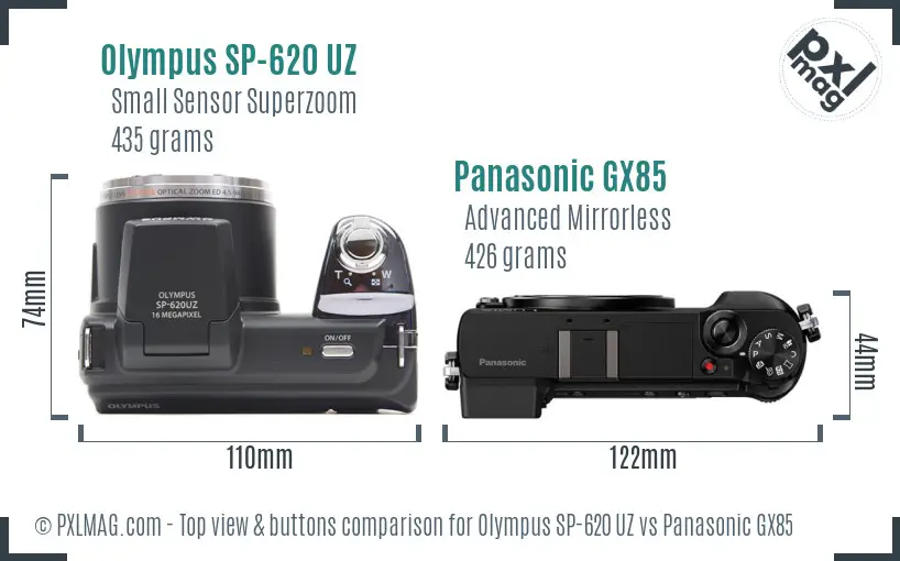 Olympus SP-620 UZ vs Panasonic GX85 top view buttons comparison
